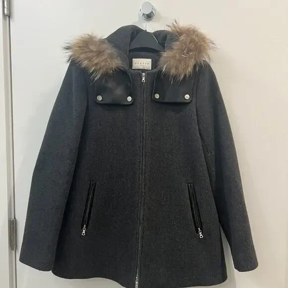 Sandro Paris Gray Wool Fur-Trimmed Hooded Winter Coat — French Luxury - Picture 3 of 10
